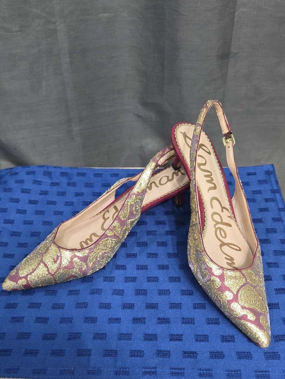 Sam Edelman Pink and Gold Brocade Slingback Pointed Toe Heels